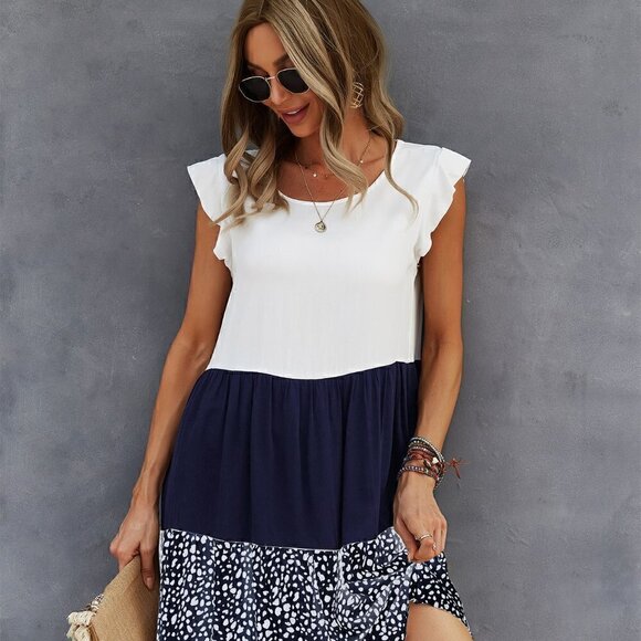 Blue & White Casual Womens Cut And Sew Babydoll Dress - Picture 4 of 5